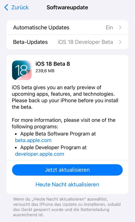 内乡苹果手机维修分享苹果 iOS / iPadOS 18 开发者预览版 Beta 8 发布 